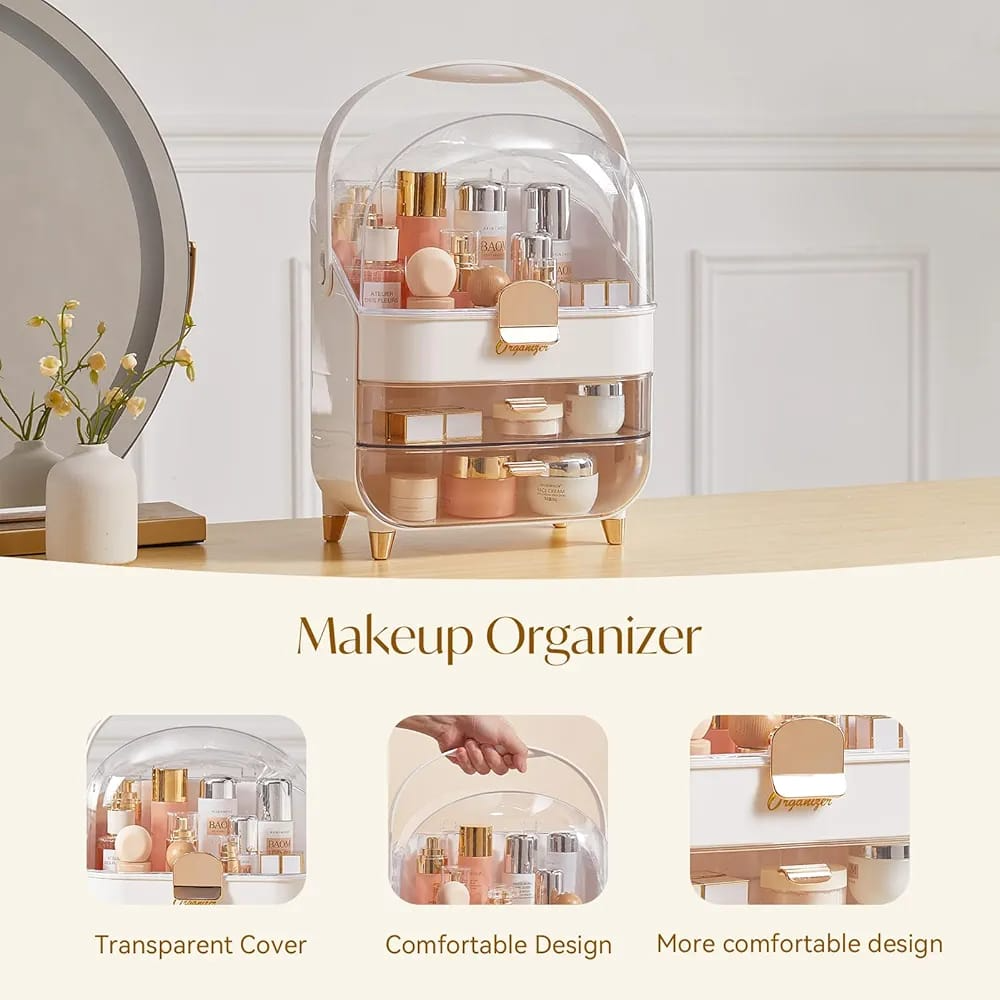 Makeup Storage Organizer with Lid, Waterproof Cosmetics Skincare Organizer for Vanity, Portable Makeup Storage Box for Countertop, Gift.