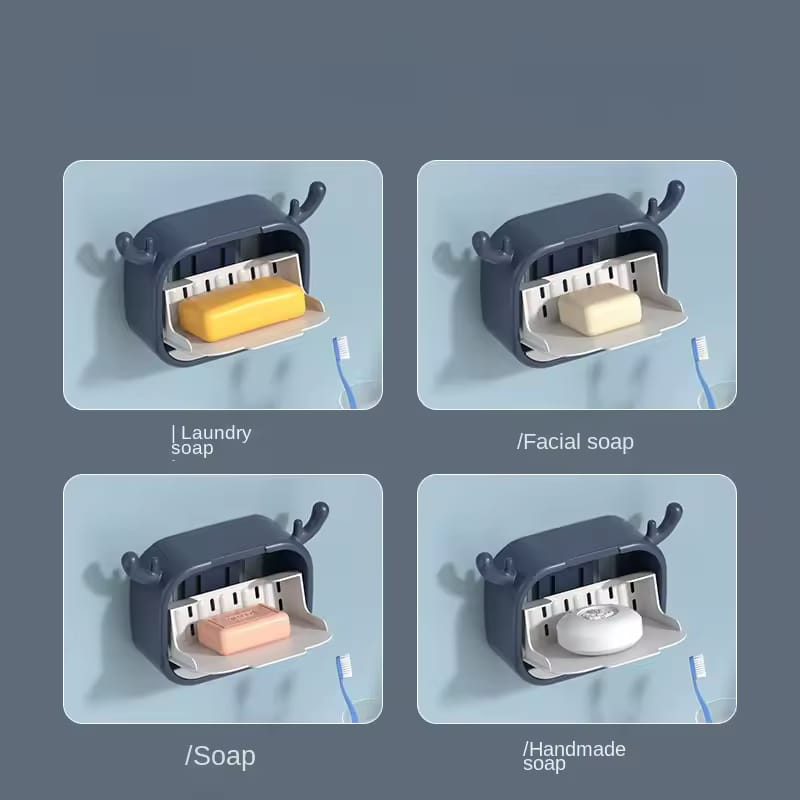 Cartoon Sticking Soap Box, Antler Drain Soap Box with Hook, Wall Mounted Soap Dish, Multipurpose Soap Organizer, Creative Bathroom Household Soap Box Storage Rack