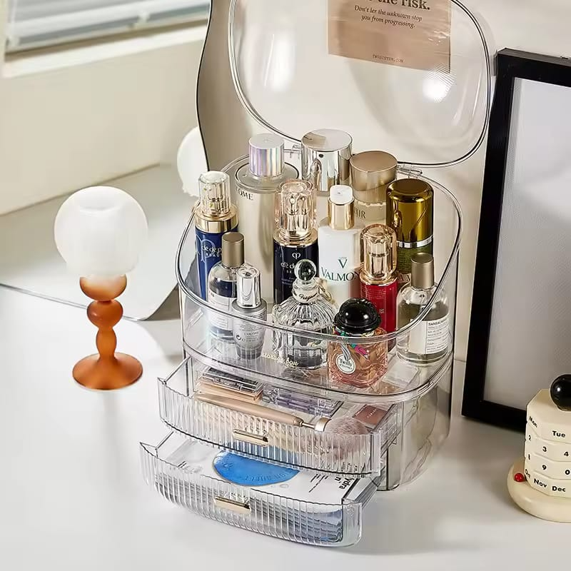 Creative Desktop Makeup Cosmetics Storage Organizer Transparent Full Open Design Crystal Plastic Makeup Storage Organizer Makeup Brushes Lipsticks Perfume Storage Organizer