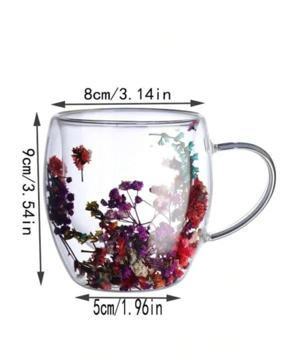 Best Quality Beautiful Double Wall Glass Flowers Particales Drink Mug, Heat Resistant Tea Cups, Coffee Mugs for Beverages Latte Milk, Various Designs sizes