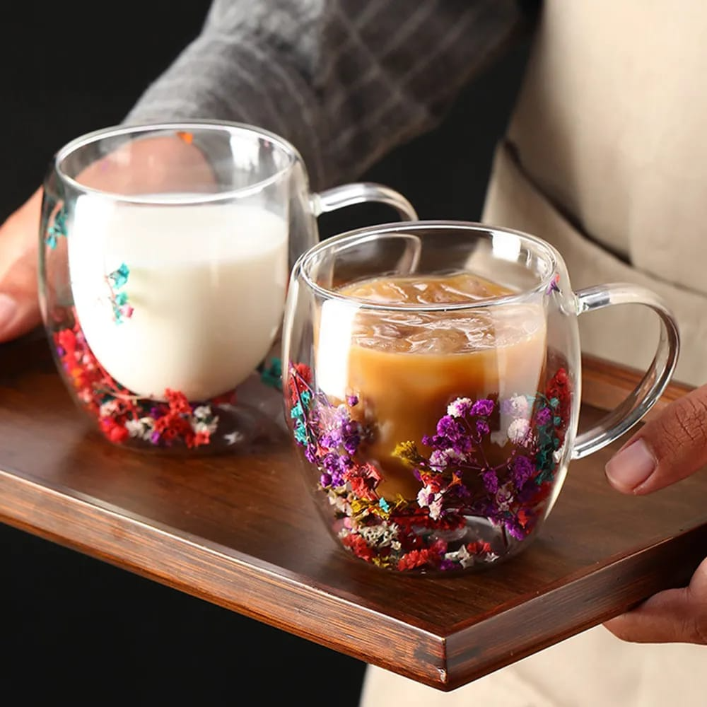 Best Quality Beautiful Double Wall Glass Flowers Particales Drink Mug, Heat Resistant Tea Cups, Coffee Mugs for Beverages Latte Milk, Various Designs sizes