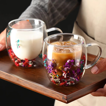 Best Quality Beautiful Double Wall Glass Flowers Particales Drink Mug, Heat Resistant Tea Cups, Coffee Mugs for Beverages Latte Milk, Various Designs sizes