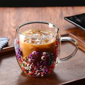 Best Quality Beautiful Double Wall Glass Flowers Particales Drink Mug, Heat Resistant Tea Cups, Coffee Mugs for Beverages Latte Milk, Various Designs sizes