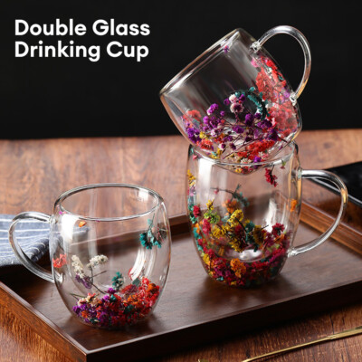 Best Quality Beautiful Double Wall Glass Flowers Particales Drink Mug, Heat Resistant Tea Cups, Coffee Mugs for Beverages Latte Milk, Various Designs sizes