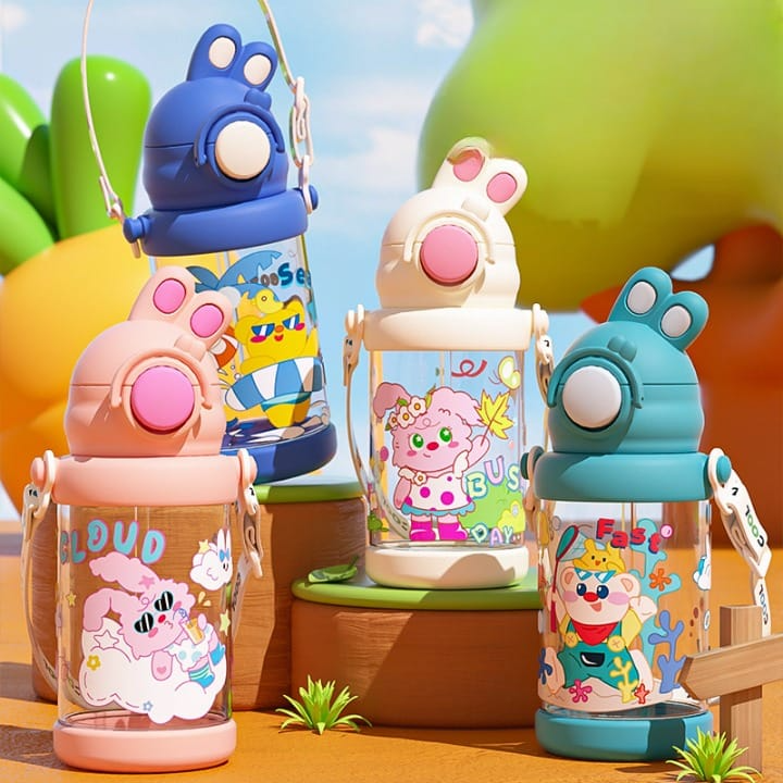 Cute Bunny-Themed Kids Water Bottles with Strap