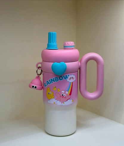 🔔 Limited Time OFFER! Personalize this product for FREE  Rainbow Sip Tumbler – 1000ML | Cute Kawaii Style with Dual Lids & Handle 🌈🧸💧