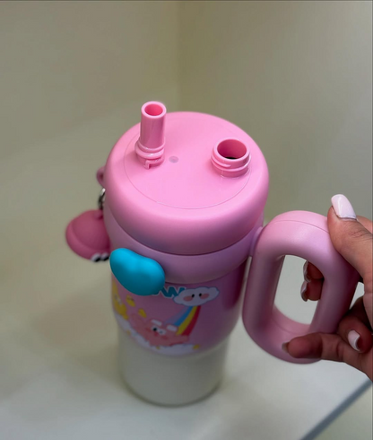 🔔 Limited Time OFFER! Personalize this product for FREE  Rainbow Sip Tumbler – 1000ML | Cute Kawaii Style with Dual Lids & Handle 🌈🧸💧