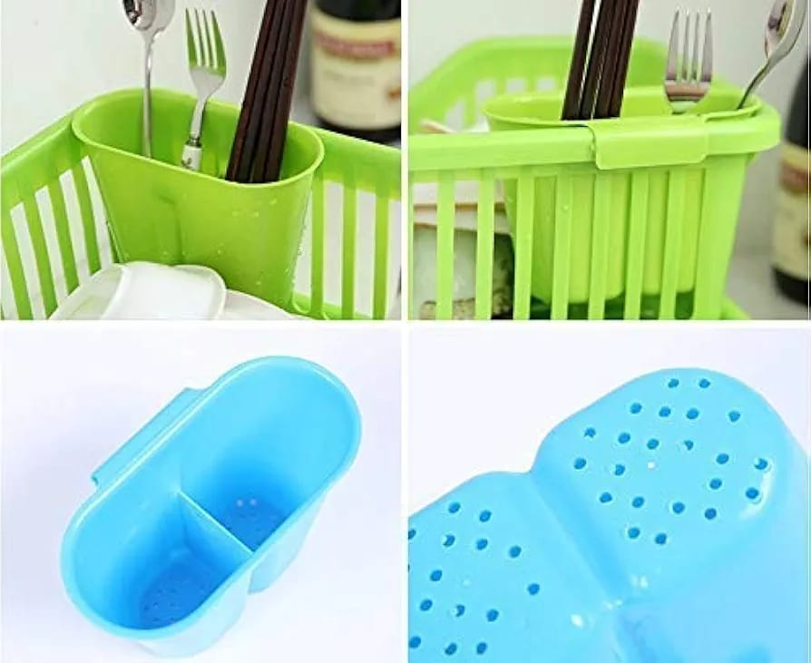 3 in 1 Kitchen Sink Dish Drying Rack Washing Holder Basket Organizer with Drain Tray and Cutlery Holder, Plastic Drainer Basket, Kitchen Dish Rack Holder