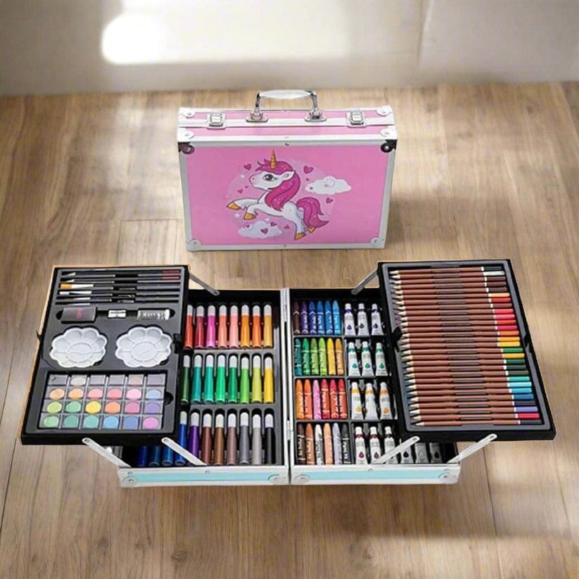 145-Piece Art Supplies Set For Kids, 2 Layers Drawing Supplies For Kids Boys Girls Ages 8 9 10 11 12,Portable Aluminum Case Art Kit, Great Gift For Teens Adults Beginner & Artists (Unicorn Pink)