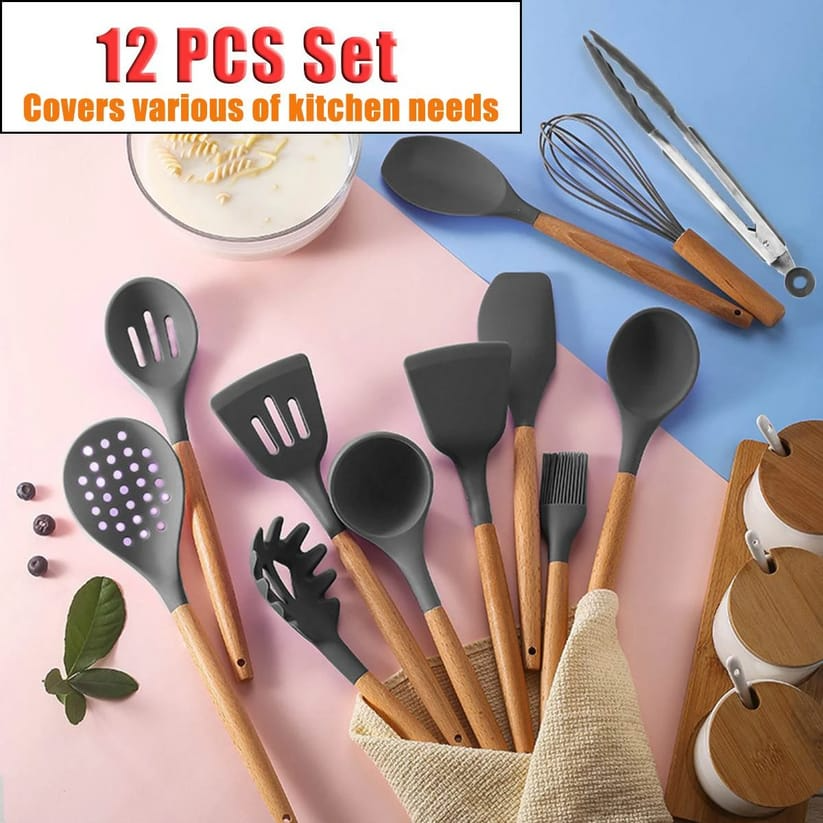 WONWI 12 Piece Silicone Cooking Utensil Set with Wooden Handles and Bucket, Nonstick BPA Free & Heat Resistant - Multicolor