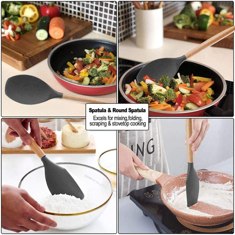 WONWI 12 Piece Silicone Cooking Utensil Set with Wooden Handles and Bucket, Nonstick BPA Free & Heat Resistant - Multicolor