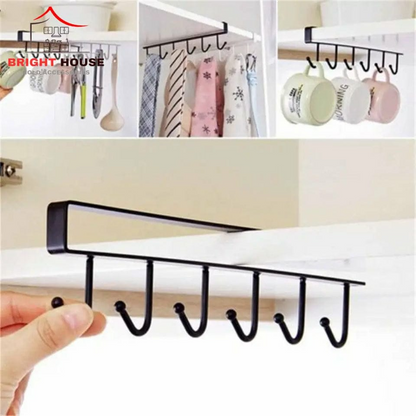 6 Hooks Tea Mug Cup Holder Under Cabinet Shelf Metal Rack Spoon Glass Kitchen Utensils Organizer