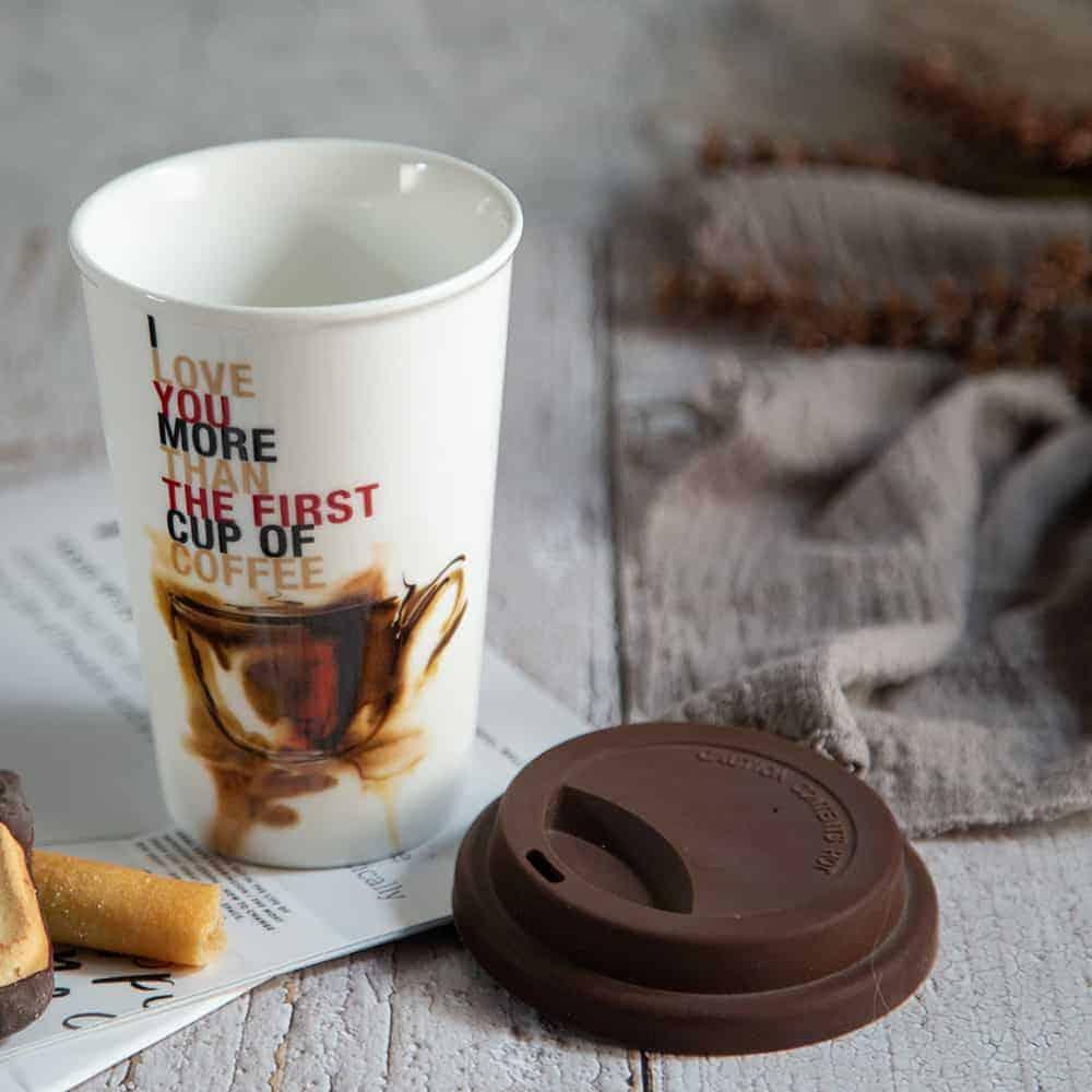 I love you more than the first cup of coffee Travel Mug with Silicone Lid