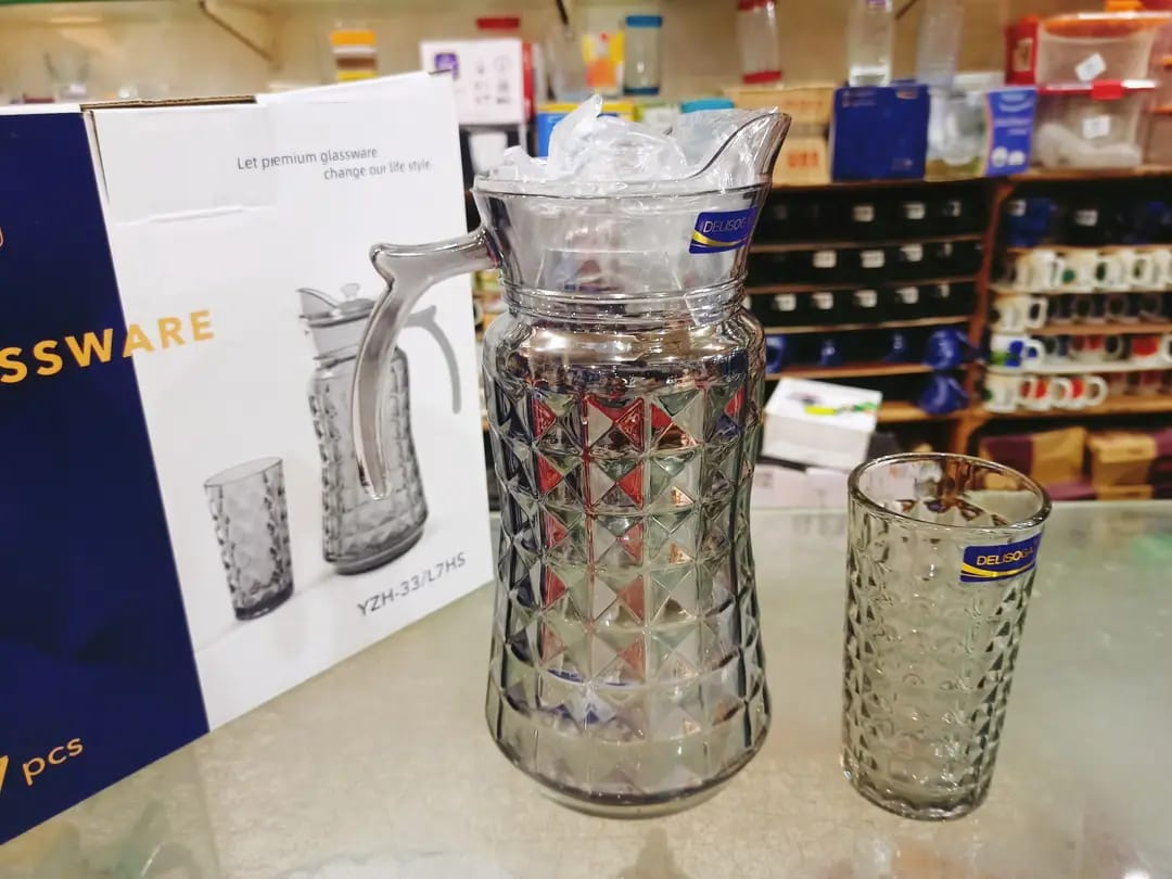Deli - Delisoga Glassware 7 Piece Glass Pitcher Jug With Tumblers Glasses Water Set Juice Drinkware & Lid