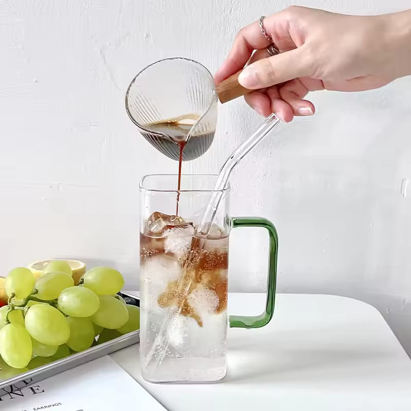 Random Color 400ml Square Glass Mug With Handle, Straw & Lid, Drinking Glass, Adorable Glass Cups with Lids and Straw, Glass Tumbler Coffee Cup Coffee Mug