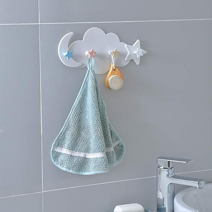 Children's Wardrobe Wall Hooks 4 Hooks Children's Coat Rack Stars Clouds Moon Coat Hooks Wall Mounted Coat Rack without Drilling for Wall Door Children's Room 23x14 cm