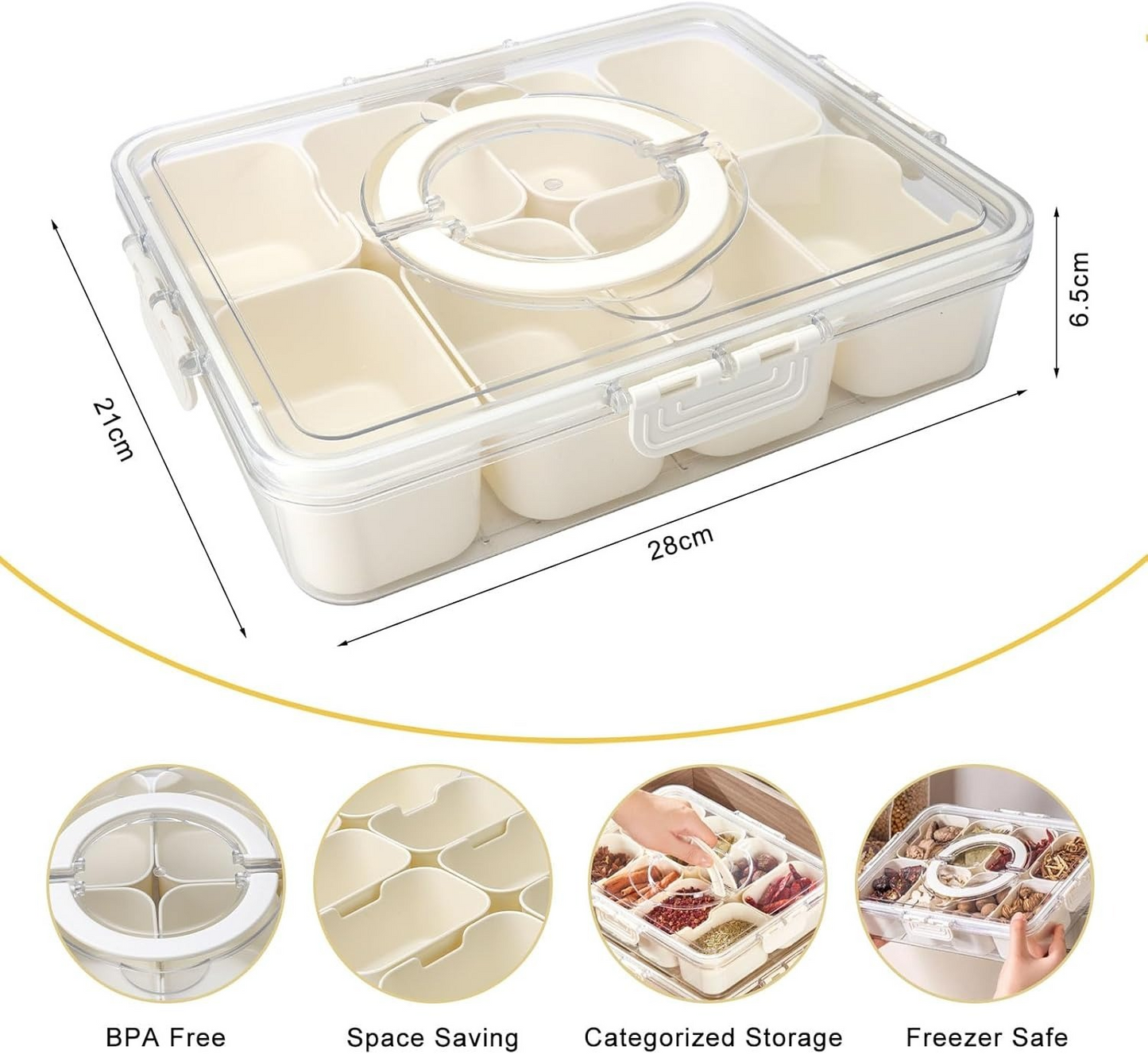 Snack Box Container, Clear Portable Candy Storage Containers, 8 Compartment Divided Serving Tray with Lid and Handle, Veggie Fruits Nuts Snacks Candies Organizer Perfect for Holidays Picnic Party