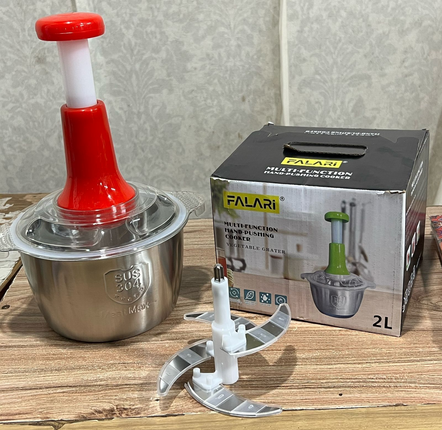 Multifunctional Manual Stainless Steel Bowl Hand Push Chopper with 4 Curved Stainless Steel Blades For Vegetables & Meat 2L