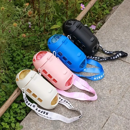 Leakproof Large Capacity Cute Bus Sports Water Bottle Cute Cartoon Design, BPA-Free for Outdoor Activities with Straw and Adjustable Strap (Cute Bus, Black)