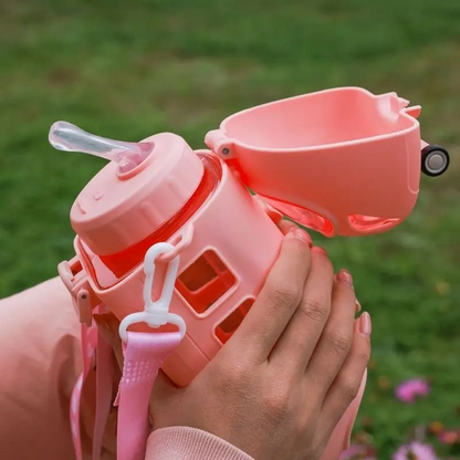 Leakproof Large Capacity Cute Bus Sports Water Bottle Cute Cartoon Design, BPA-Free for Outdoor Activities with Straw and Adjustable Strap (Cute Bus, Black)