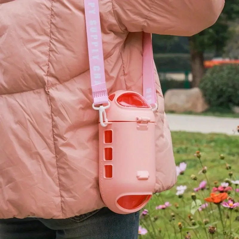 Leakproof Large Capacity Cute Bus Sports Water Bottle Cute Cartoon Design, BPA-Free for Outdoor Activities with Straw and Adjustable Strap (Cute Bus, Black)