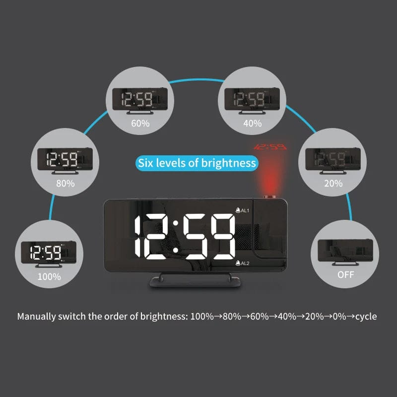 Rotating Projection Alarm Clock with Digital Temperature Display Mirror Colorful LED Table Clock 12H/24H Bedside USB Clock
