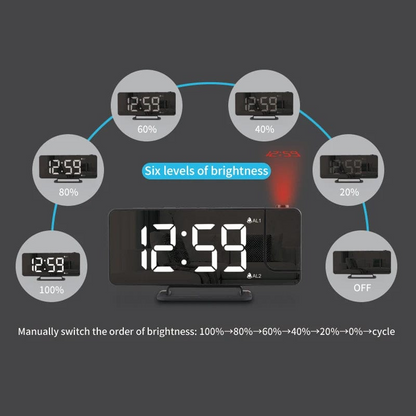 Rotating Projection Alarm Clock with Digital Temperature Display Mirror Colorful LED Table Clock 12H/24H Bedside USB Clock